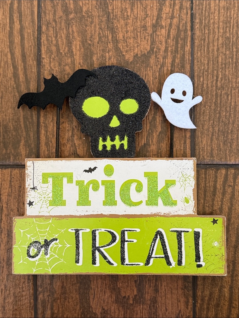 Halloween Home Table Decor Sparkle Glitter Lime Green/Black  Trick or Treat Sign